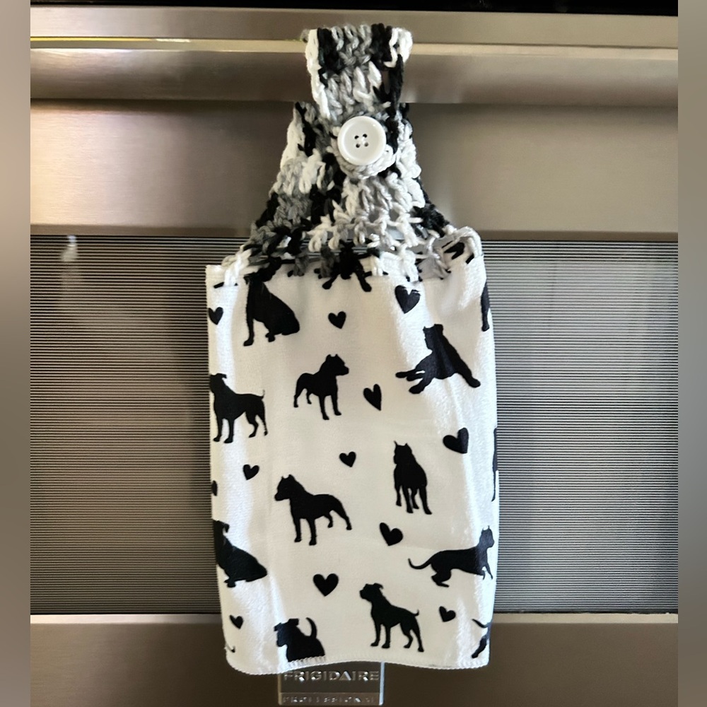 Hand Crafted Black and White Dog Pattern Pit Bull Hanging Hand Towel